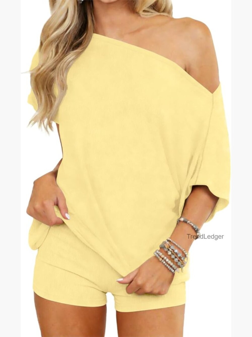 Off Shoulder Batwing Top Lounge Set with Shorts - Two Piece Pajama Set